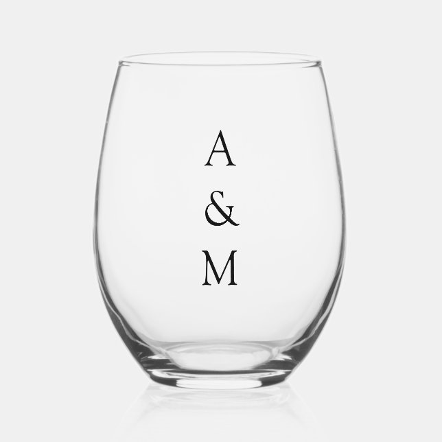 Minimalist Bold Monogram Boho Wedding Black White Stemless Wine Glass (Front)