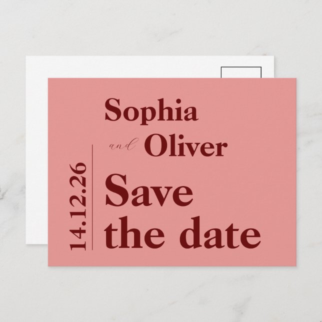 Minimalist bold pink typography save the date postcard (Front/Back)