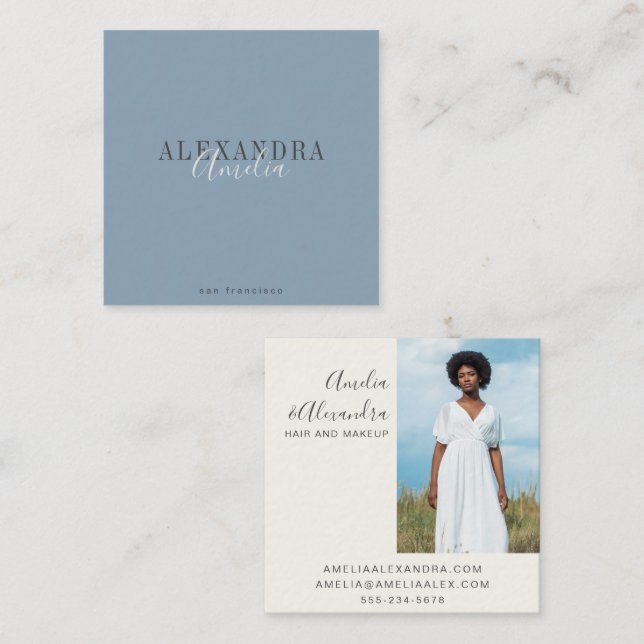 Minimalist Bold Script Boho Dusty Blue Photo  Square Business Card (Front/Back)