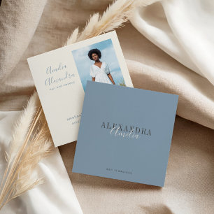 Minimalist Bold Script Boho Dusty Blue Photo  Square Business Card