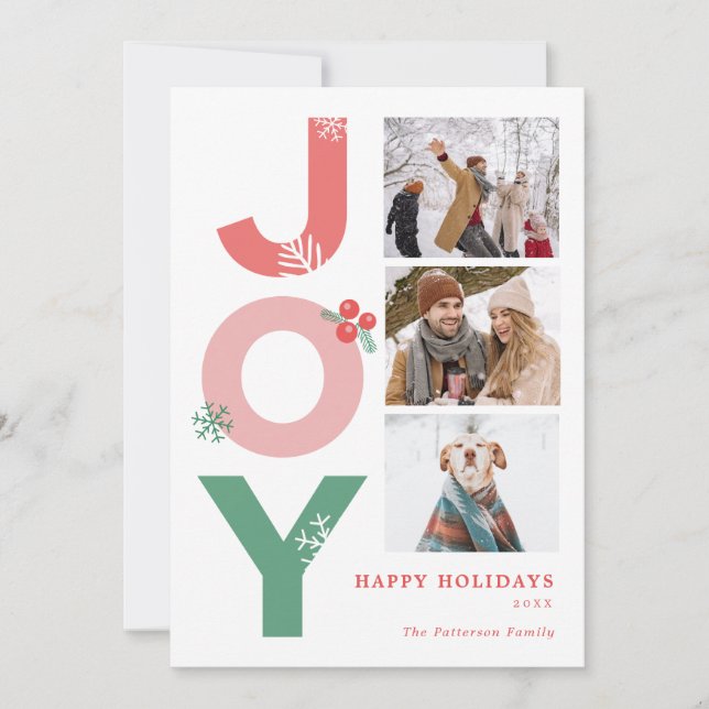 Minimalist Bold Script Joy 3 Photo Collage Family Holiday Card (Front)