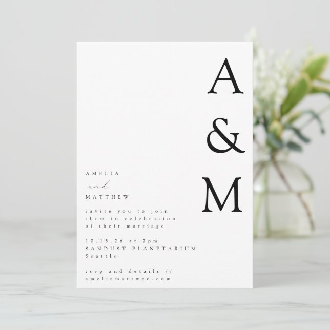 Minimalist Bold White Monogram Typography Wedding Invitation (Standing Front)
