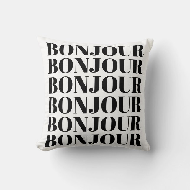 Minimalist Bonjour French Typography Black White Cushion (Front)