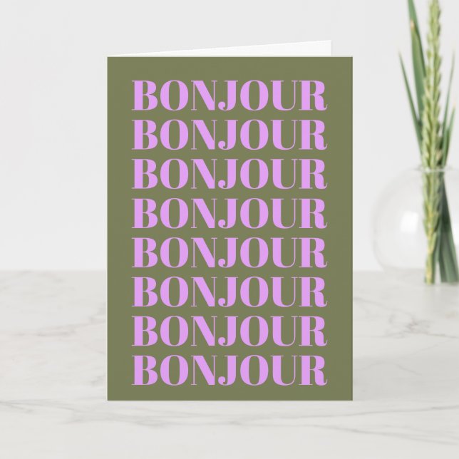 Minimalist Bonjour French Typography Green Purple Card (Front)