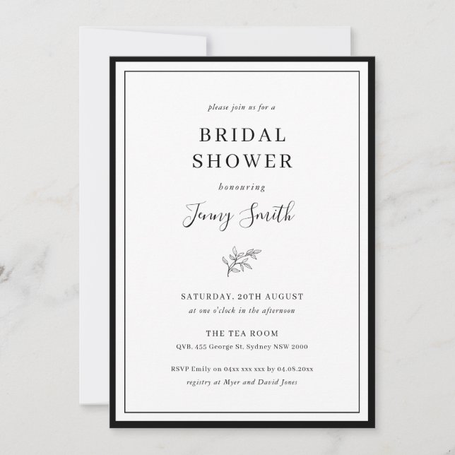 Minimalist Border Dainty Leaf Bridal Shower Invitation (Front)