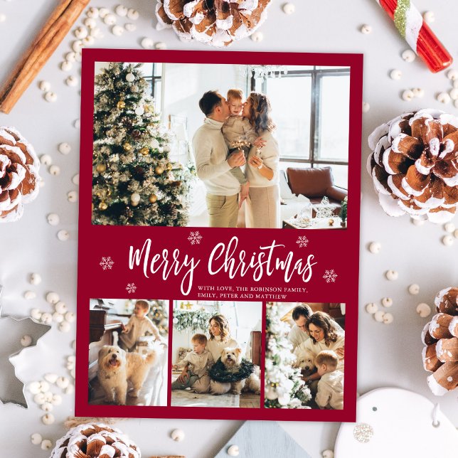 Minimalist Bordo White 4 Photo Collage Christmas Postcard (Creator Uploaded)