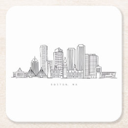 Minimalist Boston City Skyline Illustration Square Paper Coaster