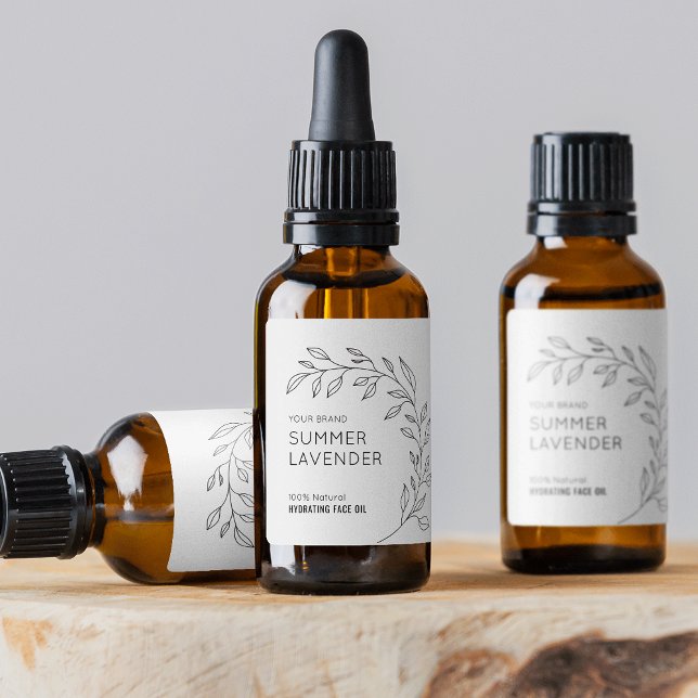 Minimalist Botanical 1 OZ Dropper Bottle Label (Modern botanical style dropper bottle label design in black and white with greenery motif)