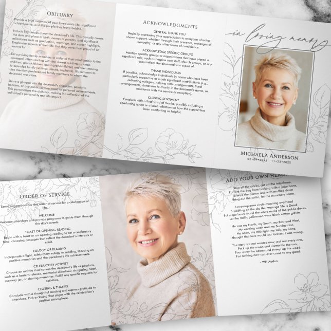 Minimalist Botanical 3-Photo Funeral/Memorial Tri-Fold Programme (Creator Uploaded)