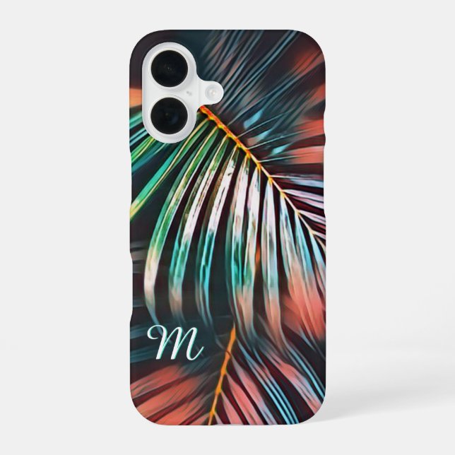 Minimalist Botanical Art Palm Leaves with Monogram iPhone 16 Case (Back)