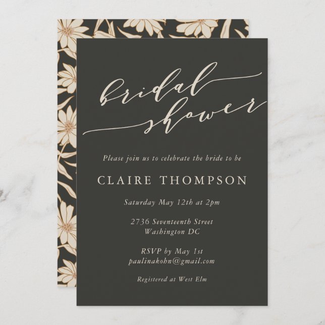 Minimalist Botanical Black Ivory Bridal Shower Invitation (Front/Back)