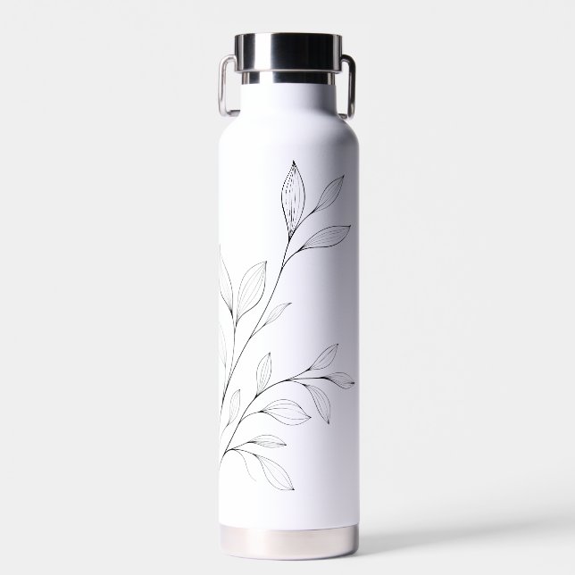 Minimalist Botanical Black Line Art Water Bottle (Front)