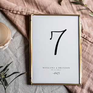 Minimalist Botanical Black & White Script Wedding  Table Number