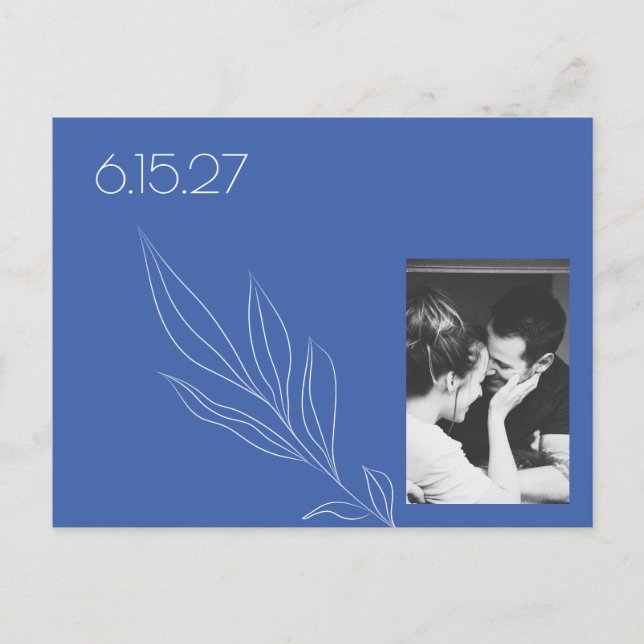 Minimalist Botanical Blue Photo Save the Date Postcard (Front)