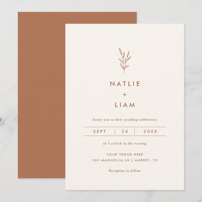 Minimalist Botanical Burnt Orange Wedding Invitati Invitation (Front/Back)
