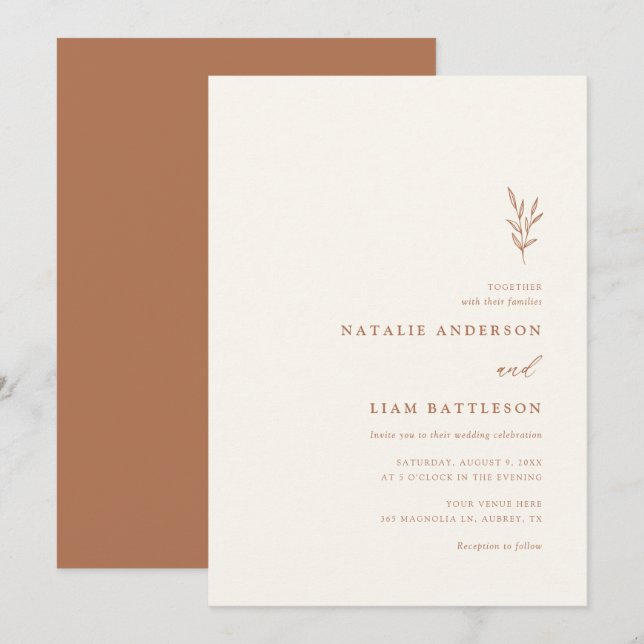 Minimalist Botanical Burnt Orange Wedding Invitati Invitation (Front/Back)
