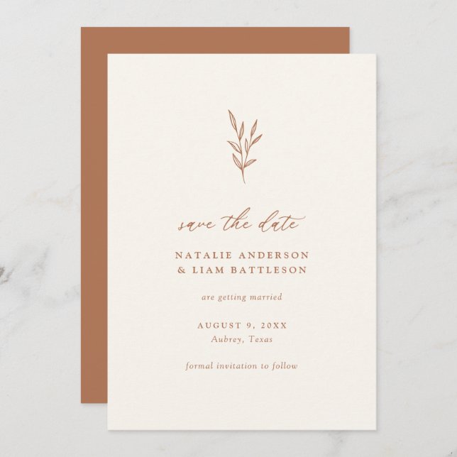 Minimalist Botanical Burnt Orange Wedding Save The Save The Date (Front/Back)