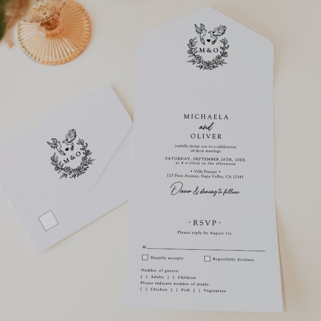 Minimalist Botanical Doves Elegant Script Wedding All In One Invitation (Creator Uploaded)