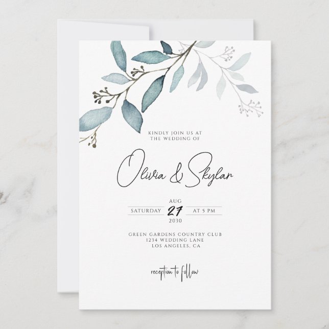 Minimalist Botanical Eucalyptus Simple Wedding Inv Invitation (Front)