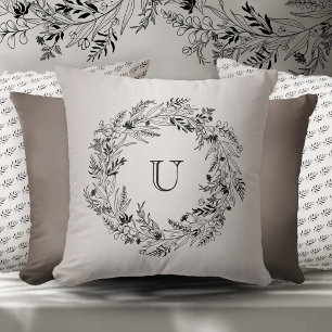 Minimalist botanical foliage wreath letter U Cushion