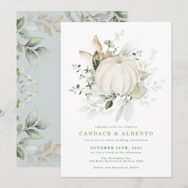 Minimalist Botanical Greenery Gold Pumpkin Wedding Invitation (Front/Back)