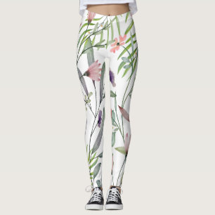 Minimalist botanical leaves and flower white green leggings