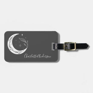 Minimalist Botanical Moon in Black Personalised Luggage Tag