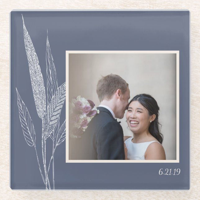 Minimalist Botanical Navy Blue Personalised Photo Glass Coaster (Front)