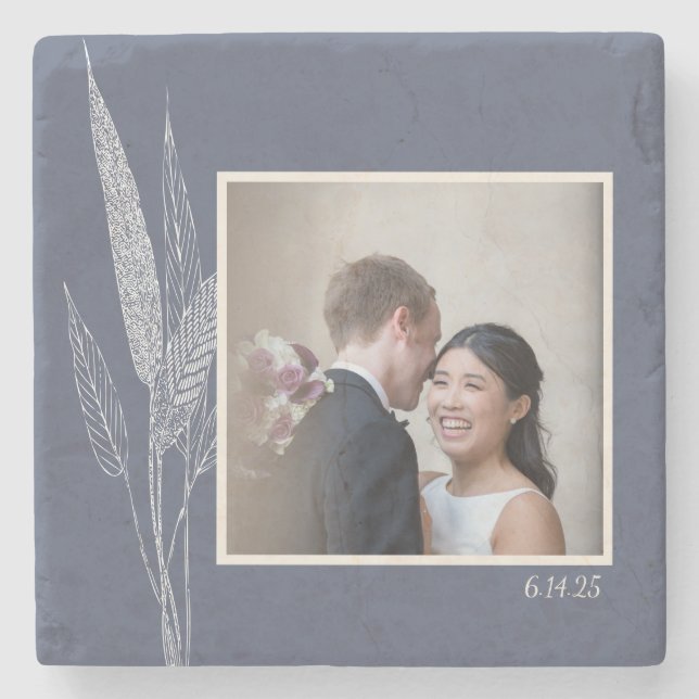 Minimalist Botanical Navy Blue Personalised Photo  Stone Coaster (Front)