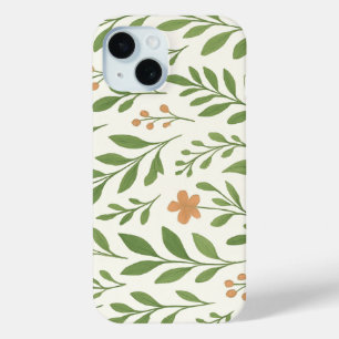 Minimalist Botanical Pattern with Green Leaves iPhone 15 Case