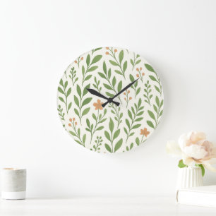 Minimalist Botanical Pattern with Green Leaves Large Clock