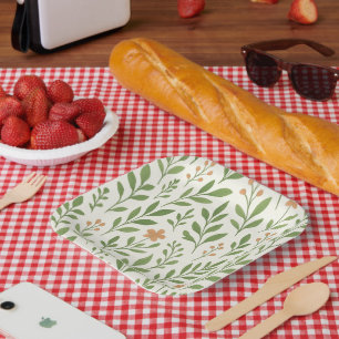 Minimalist Botanical Pattern with Green Leaves Paper Plate