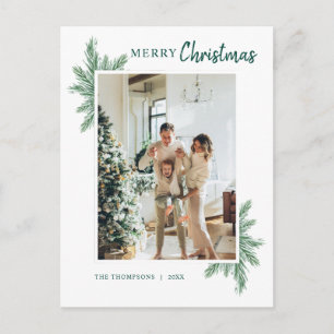 Minimalist Botanical Pine Photo Merry Christmas Postcard