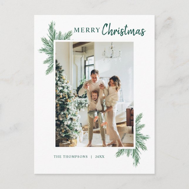 Minimalist Botanical Pine Photo Merry Christmas Postcard (Front)