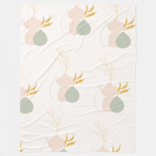 Minimalist Botanical Plants in Pastel Sage Pink Fleece Blanket