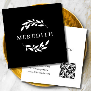 Minimalist Botanical QR Code Black and White Square Business Card