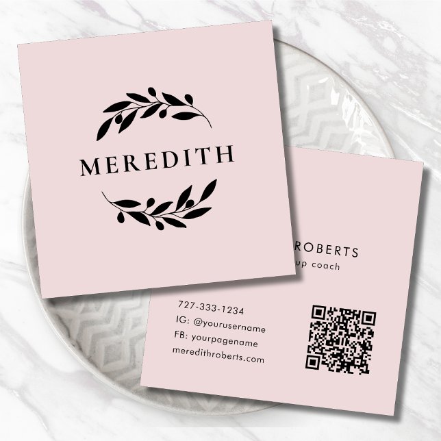 Minimalist Botanical QR Code Blush Pink Square Business Card (Minimalist Botanical Olive Branches QR Code Blush Pink Square Business Card)