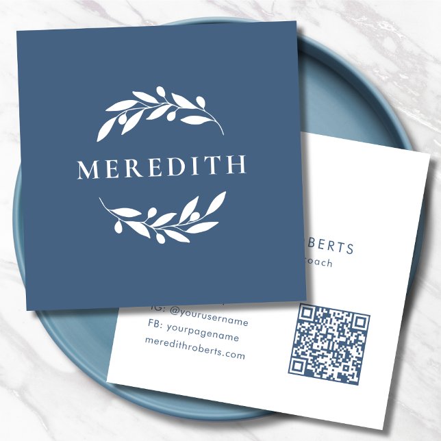 Minimalist Botanical QR Code Dusty Blue Square Business Card (Minimalist Botanical Olive Branches QR Code Dusty Blue Square Business Card)