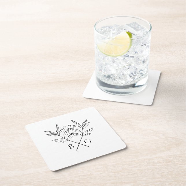 Minimalist Botanical Rustic Monogram Wedding Favou Square Paper Coaster (Insitu)