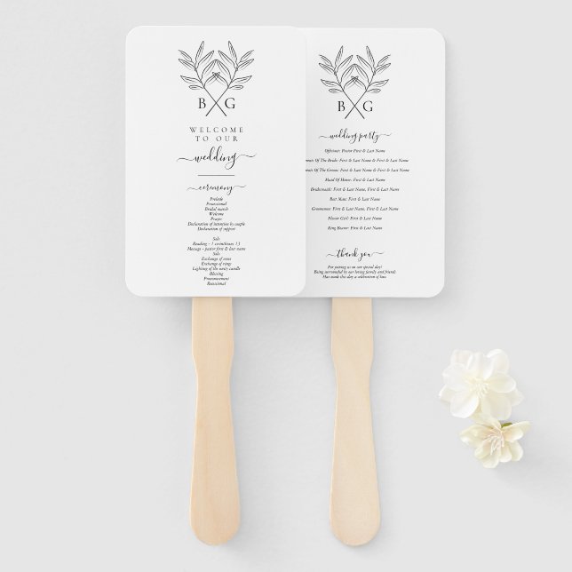Minimalist Botanical Rustic Monogram Wedding Hand Fan (Front and Back)