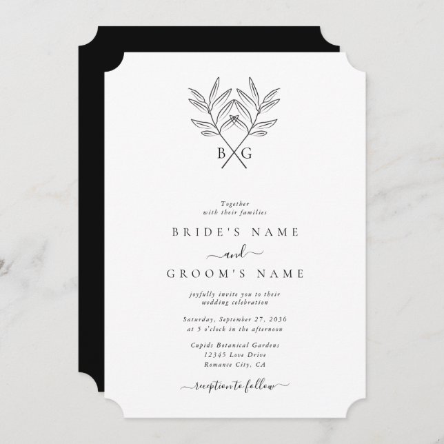 Minimalist Botanical Rustic Monogram Wedding Invitation (Front/Back)