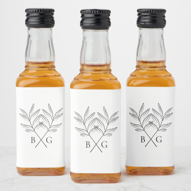 Minimalist Botanical Rustic Monogram Wedding Liquor Bottle Label (Bottles)