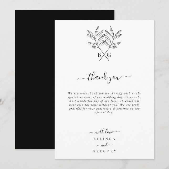 Minimalist Botanical Rustic Monogram Wedding Thank You Card (Front/Back)