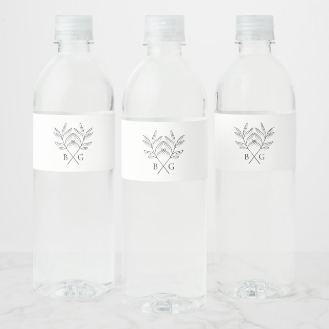 Minimalist Botanical Rustic Monogram Wedding Water Bottle Label (Bottles)
