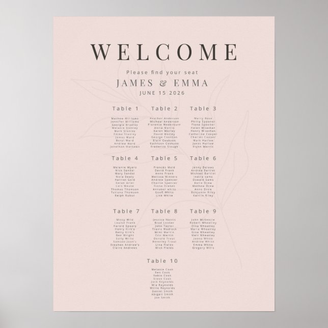 Minimalist Botanical seating Plan 10 Warm Blush Poster (Front)