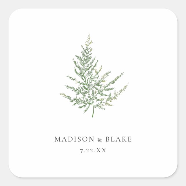 Minimalist Botanical Watercolor Fern Wedding  Square Sticker (Front)