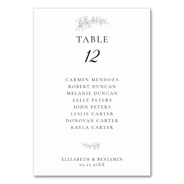 Minimalist Botanical Wedding Seating Chart Budget Table Number (Front)