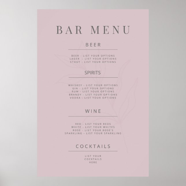 Minimalist Botanical Wedding Sign Dusky Rose (Front)