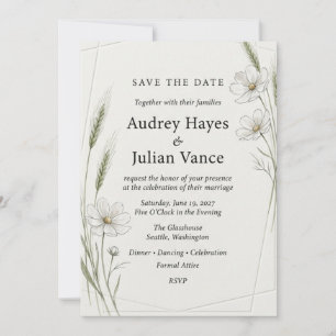 Minimalist Botanical Wheat and Cosmos Watercolor Invitation