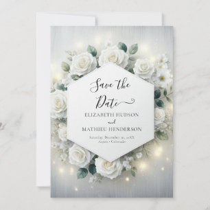 Minimalist Botanical White Roses Wedding Save The Date